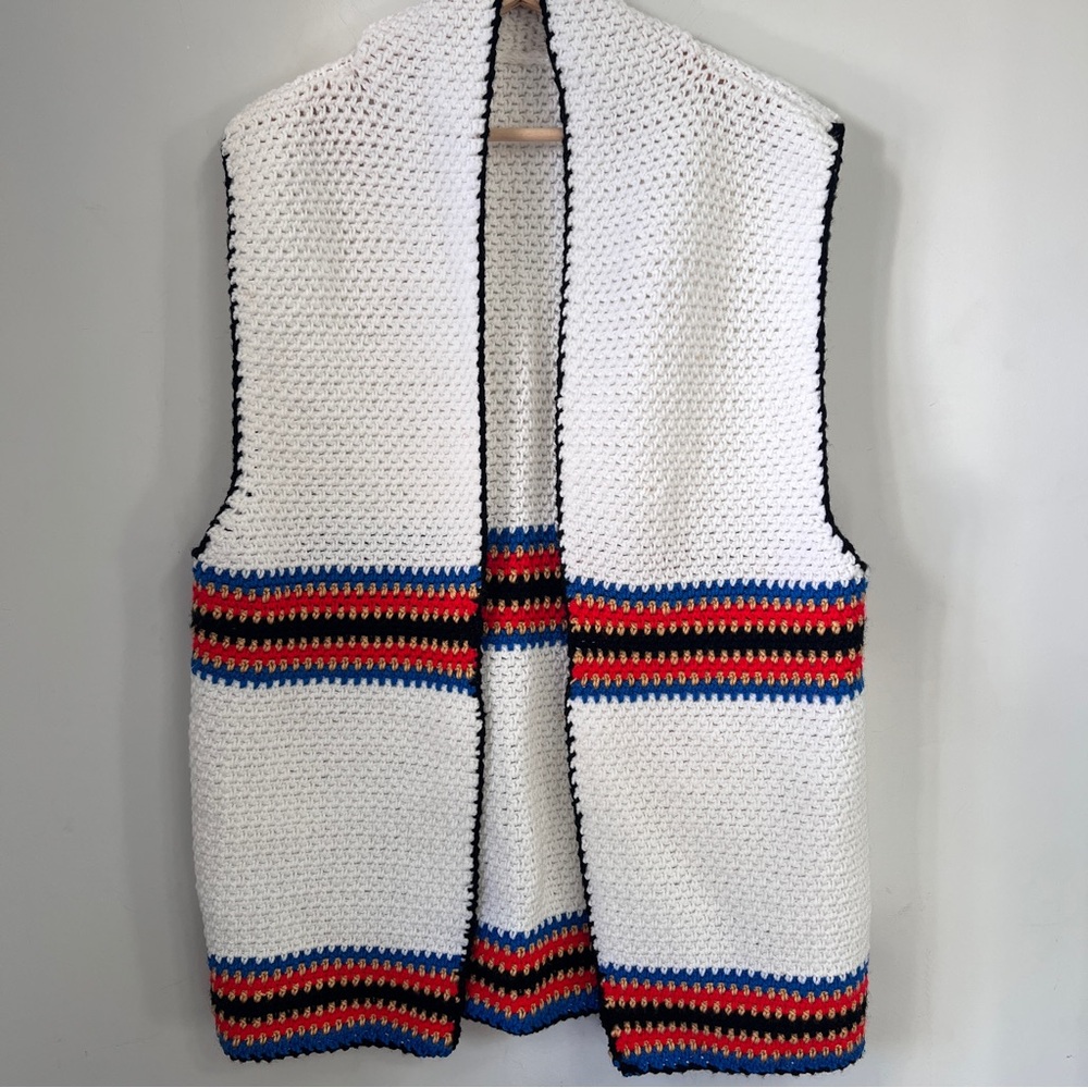 Handmade Crochet Oversized Elegant White Vest with Red and Blue Stripes